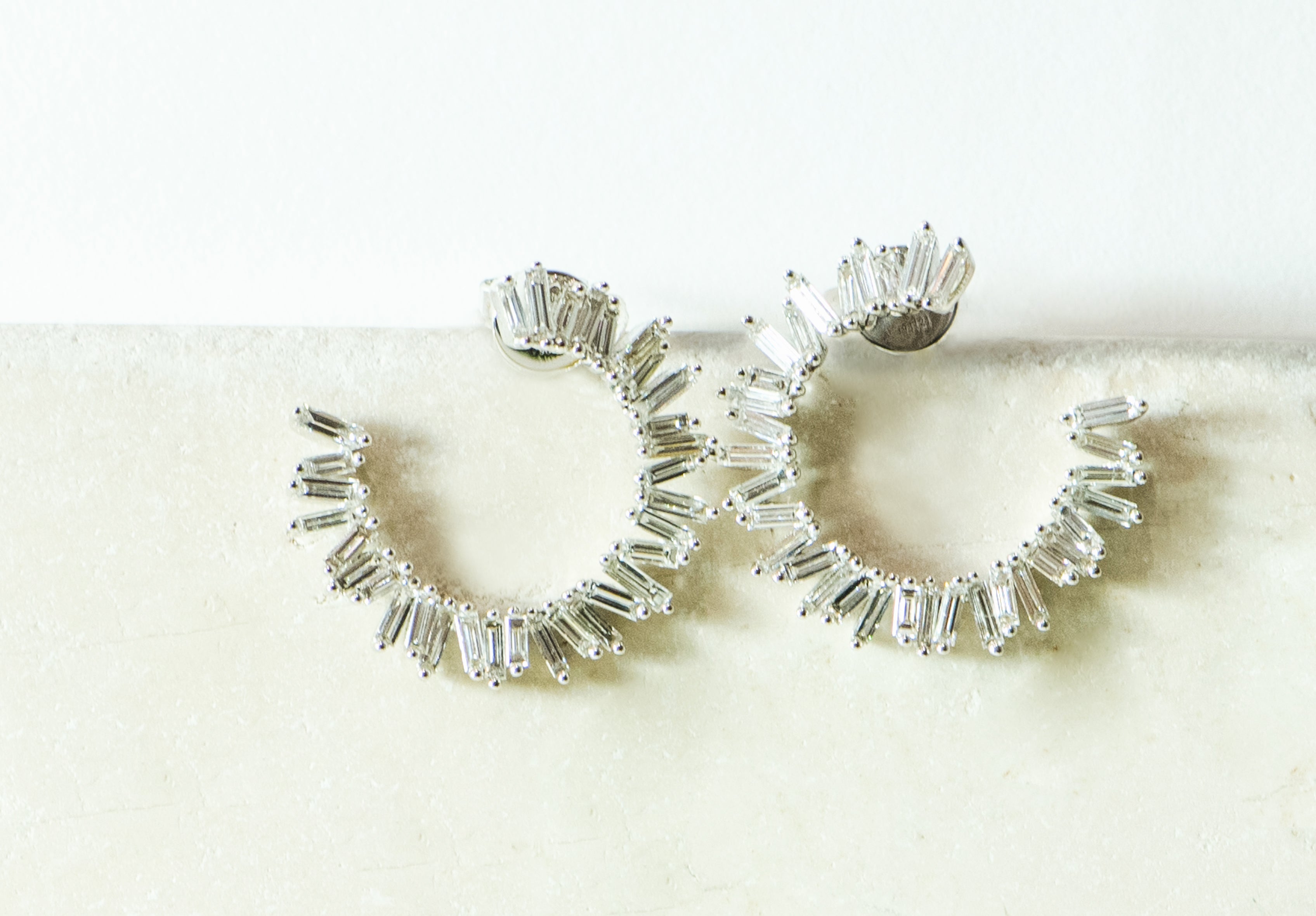 diamond earrings. baguette diamonds. statement earrings. circle earrings. birthday gift, anniversary gift. Local SF jewelry, San francisco, Luxury, hand made, Bay area, gift for her