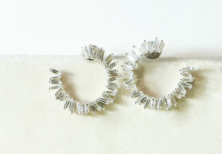diamond earrings. baguette diamonds. statement earrings. circle earrings. birthday gift, anniversary gift. Local SF jewelry, San francisco, Luxury, hand made, Bay area, gift for her