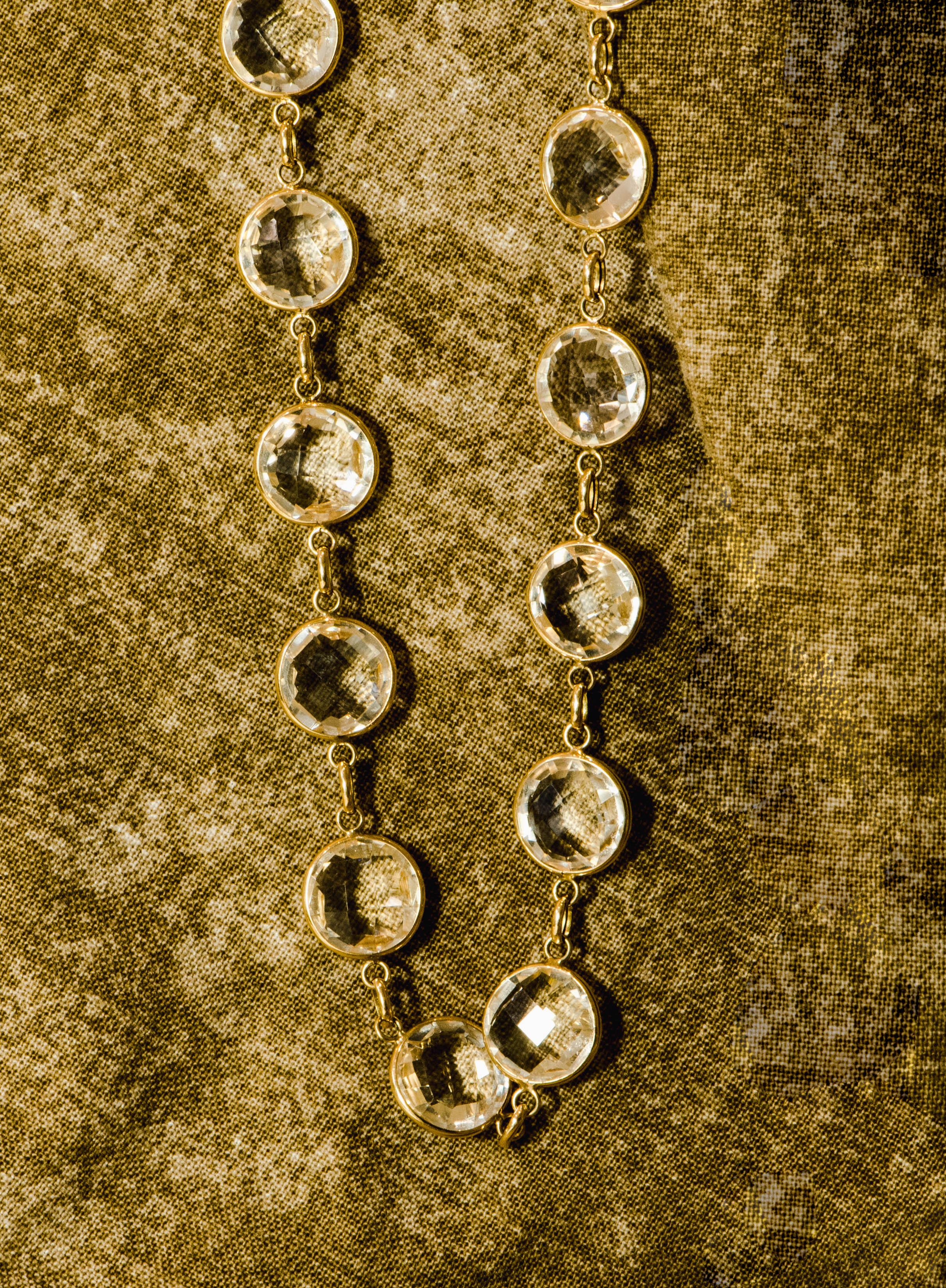 white quartz. round stones. bezel set. yellow gold. necklace. statement necklace. stacking necklace. checkerboard faceting. april birthstone. simple necklace. SF jewelry, local jeweler, luxury, fine jewelry, bay area, handmade, gift for her, birthday gift, anniversary gift