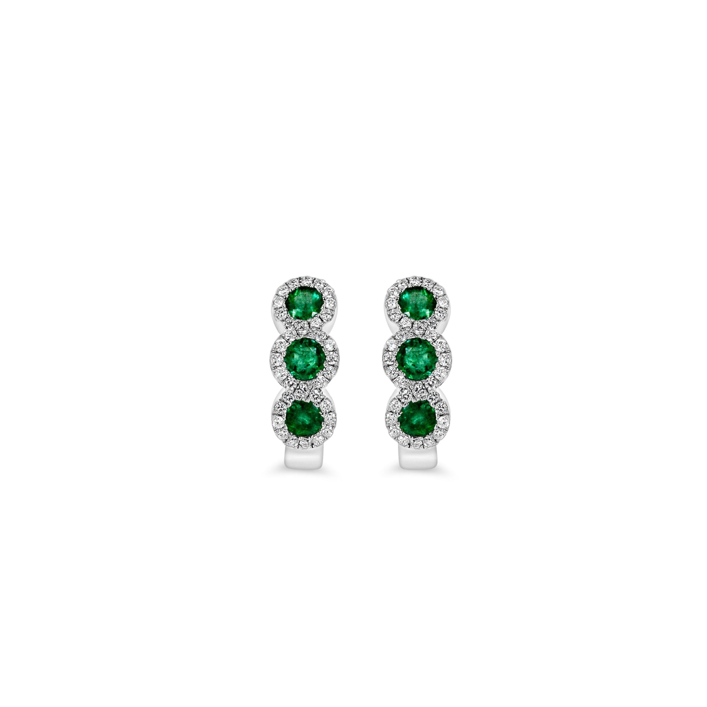 emerald and diamond huggie earrings in 14k white