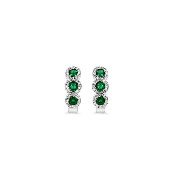 emerald and diamond huggie earrings in 14k white