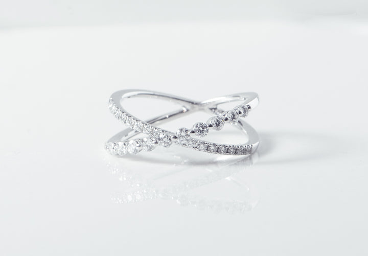 white gold and diamond ring. X ring. unique ring. fashion ring. april birthstone. round diamonds. shared prong. anniversary ring. SF jewelry, san francisco, jeweler, birthday gift, anniversary gift, gift for her, bay area jewelry, fine jewelry, luxury, hand made, artisan, local