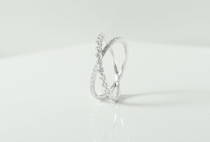 white gold and diamond ring. X ring. unique ring. fashion ring. april birthstone. round diamonds. shared prong. anniversary ring. SF jewelry, san francisco, jeweler, birthday gift, anniversary gift, gift for her, bay area jewelry, fine jewelry, luxury, hand made, artisan, local