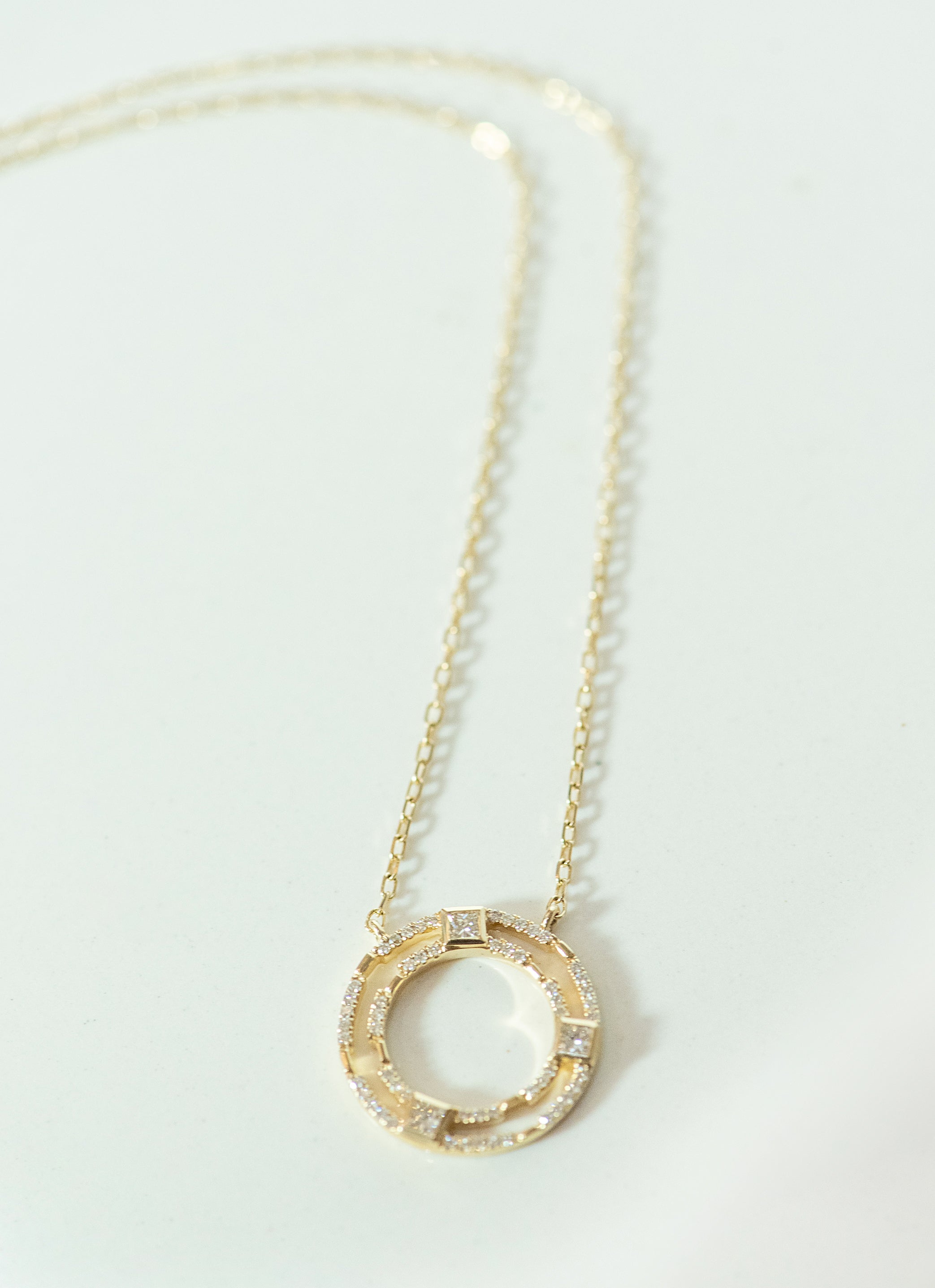 yellow gold necklace. yellow gold diamond pendant. circle necklace. cable link chain. eternity necklace. SF jewelry, local jeweler, luxury, fine jewelry, bay area, handmade, gift for her, birthday gift, anniversary gift