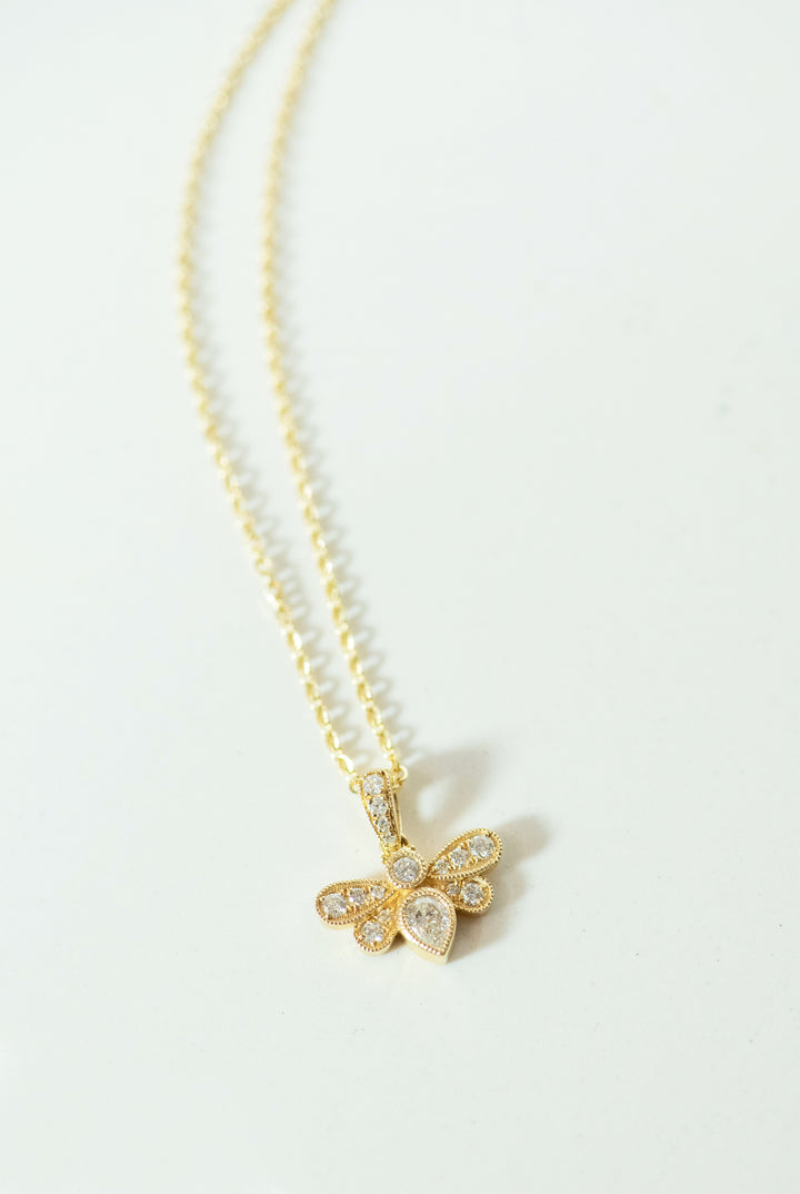 yellow gold and diamond bumble bee pendant. bee charm. honey bee. rose cut diamond. pear shaped. Local SF jewelry, San francisco, Luxury, hand made, Bay area, gift for her, gift for mom. whimsical