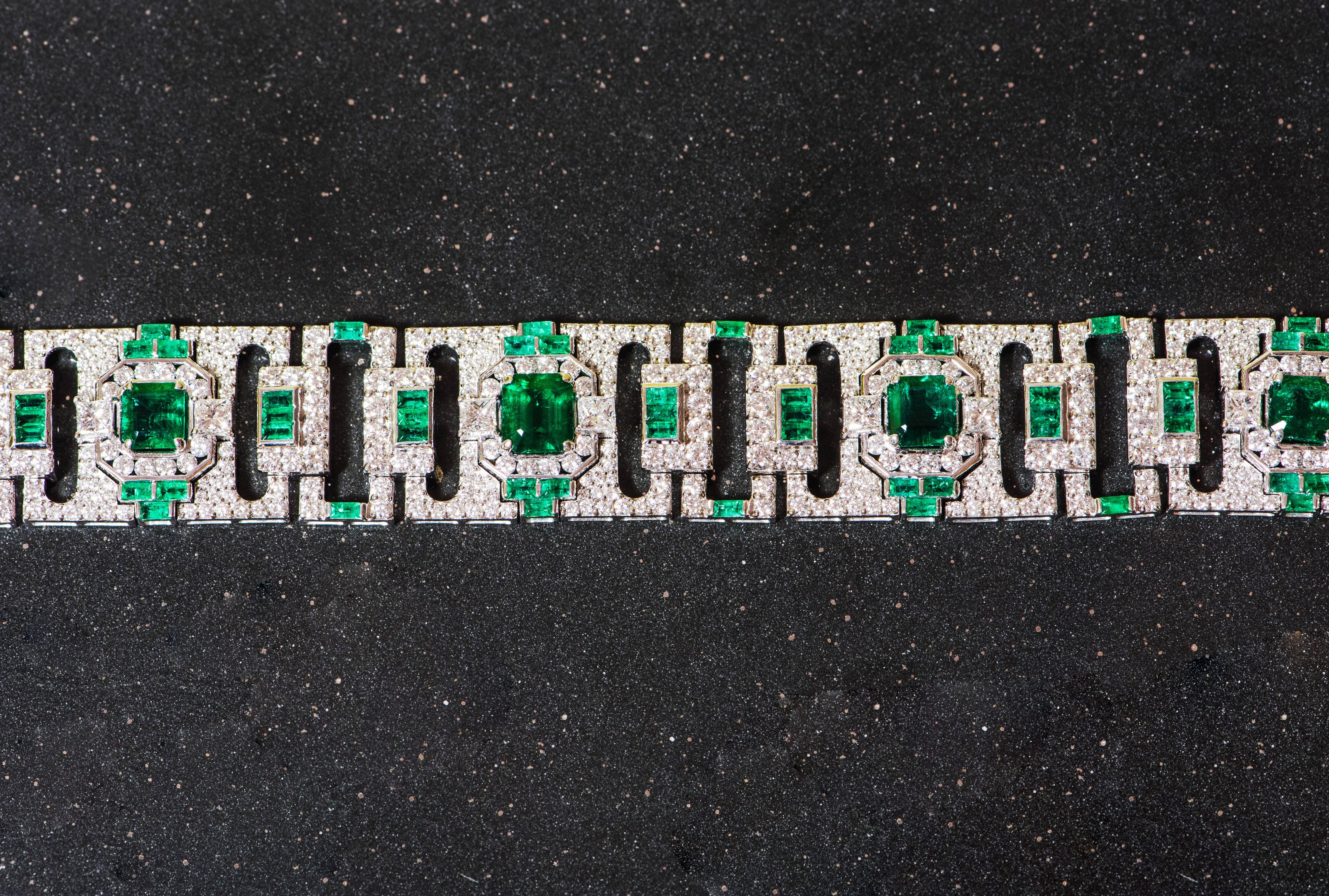 emerald, diamond, white gold, bracelet. statement bracelet. art deco bracelet. artistic jewelry. green stones. may birthstone. SF jewelry, local jeweler, luxury, fine jewelry, bay area, handmade, gift for her, birthday gift, anniversary gift