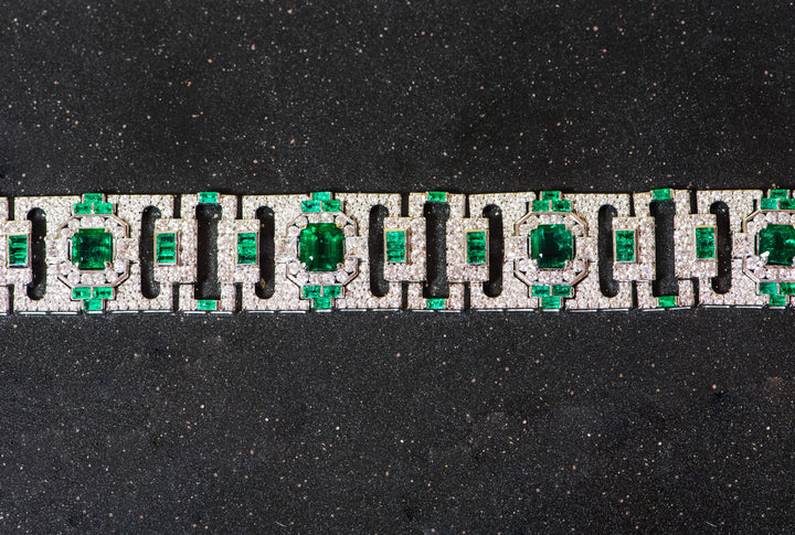 emerald, diamond, white gold, bracelet. statement bracelet. art deco bracelet. artistic jewelry. green stones. may birthstone. SF jewelry, local jeweler, luxury, fine jewelry, bay area, handmade, gift for her, birthday gift, anniversary gift