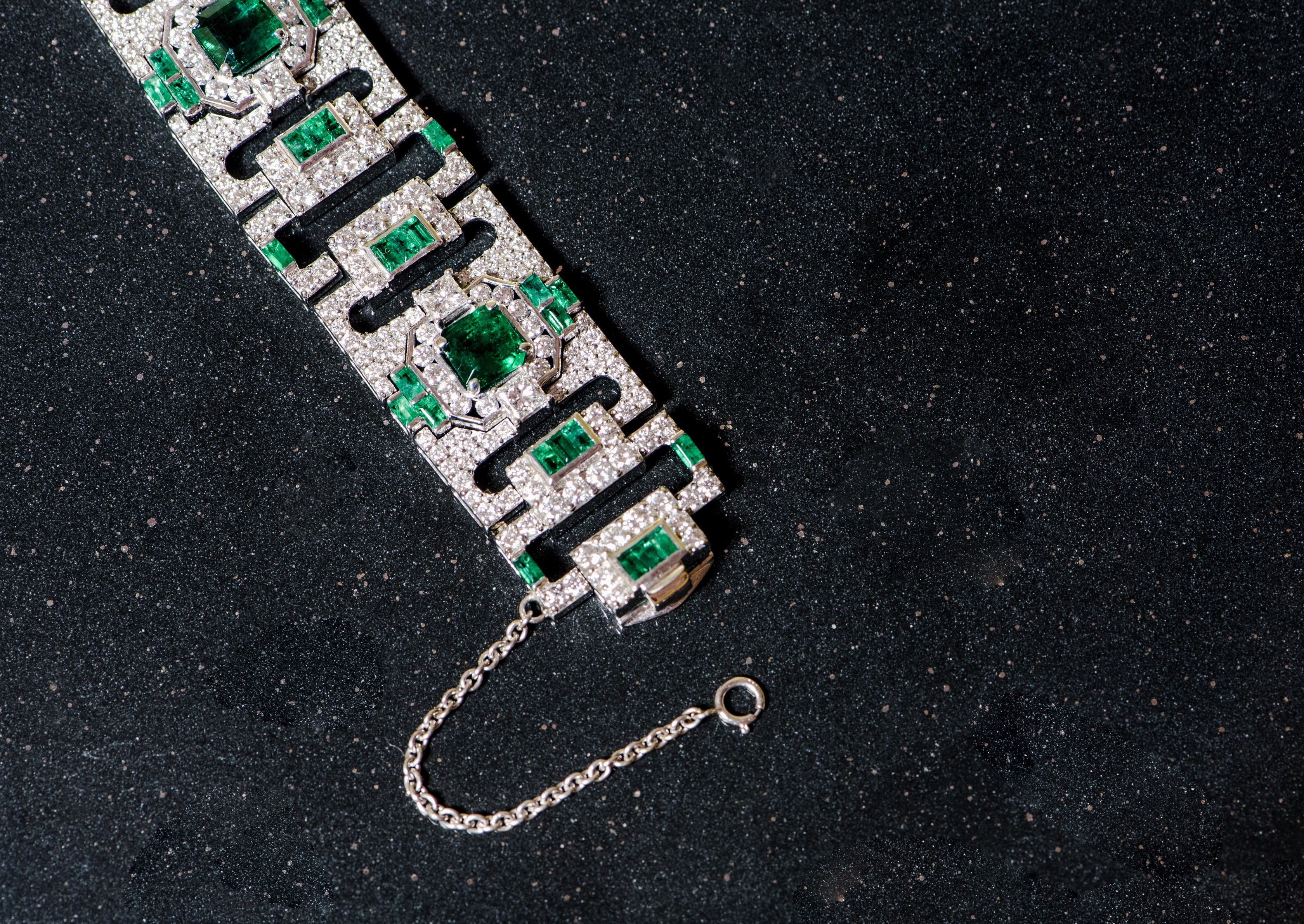 emerald, diamond, white gold, bracelet. statement bracelet. art deco bracelet. artistic jewelry. green stones. may birthstone. SF jewelry, local jeweler, luxury, fine jewelry, bay area, handmade, gift for her, birthday gift, anniversary gift