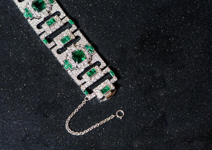 emerald, diamond, white gold, bracelet. statement bracelet. art deco bracelet. artistic jewelry. green stones. may birthstone. SF jewelry, local jeweler, luxury, fine jewelry, bay area, handmade, gift for her, birthday gift, anniversary gift