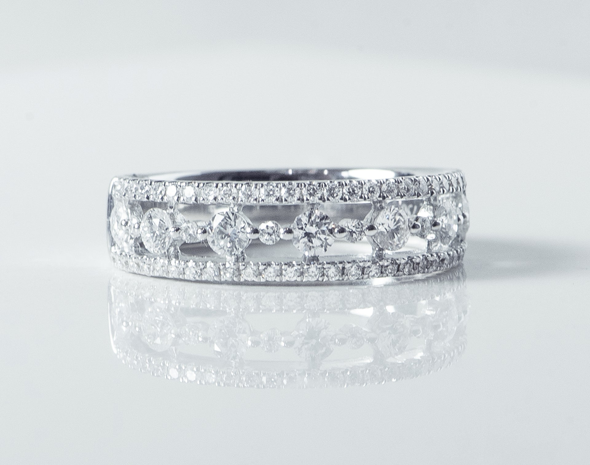 white gold and diamond ring. band. fashion band, stackable ring. round diamonds. Local SF jewelry, San francisco, Luxury, hand made, Bay area, gift for her. wedding band.