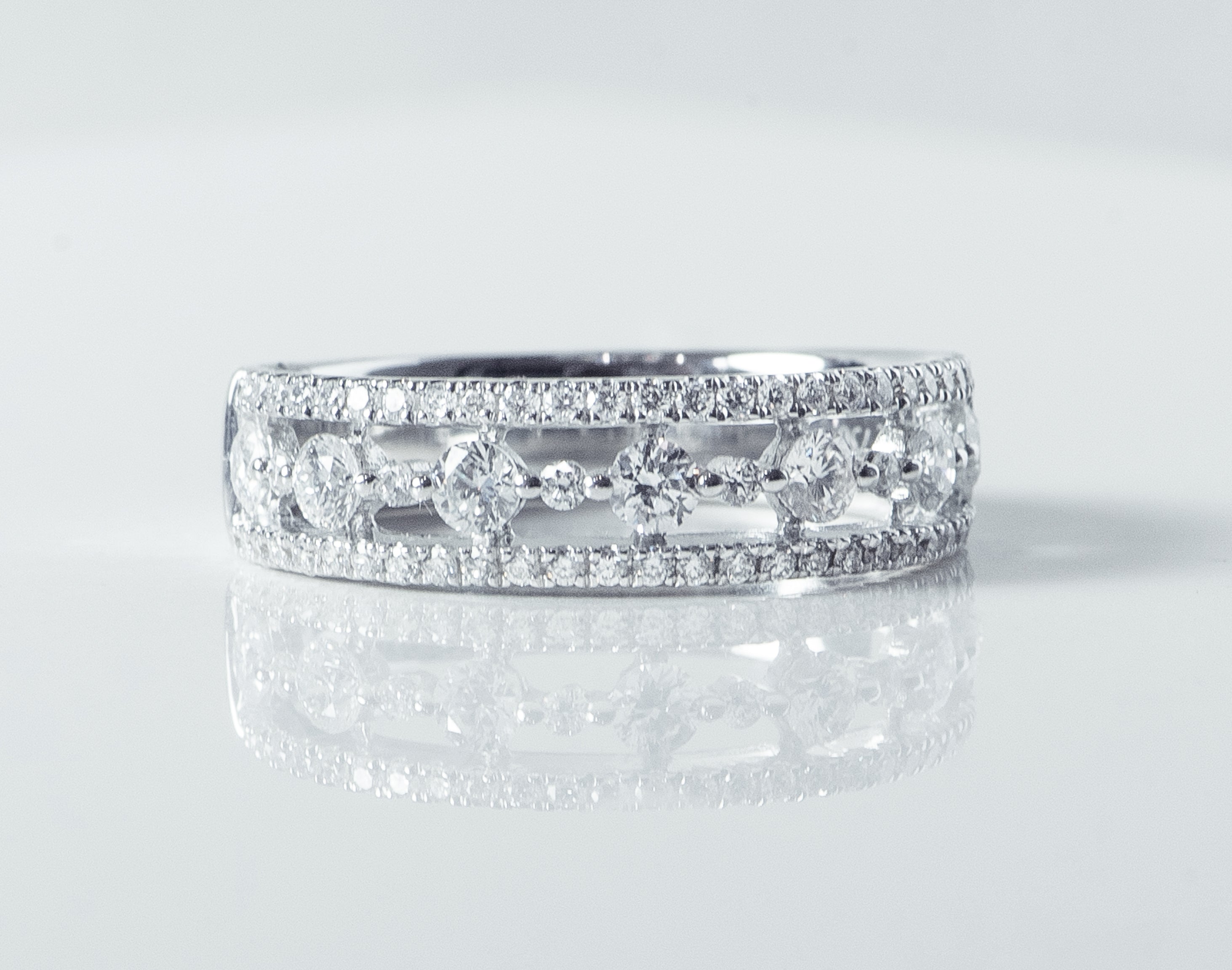 white gold and diamond ring. band. fashion band, stackable ring. round diamonds. Local SF jewelry, San francisco, Luxury, hand made, Bay area, gift for her. wedding band.