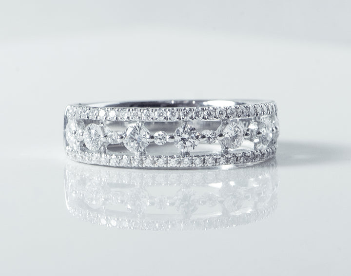 white gold and diamond ring. band. fashion band, stackable ring. round diamonds. Local SF jewelry, San francisco, Luxury, hand made, Bay area, gift for her. wedding band.
