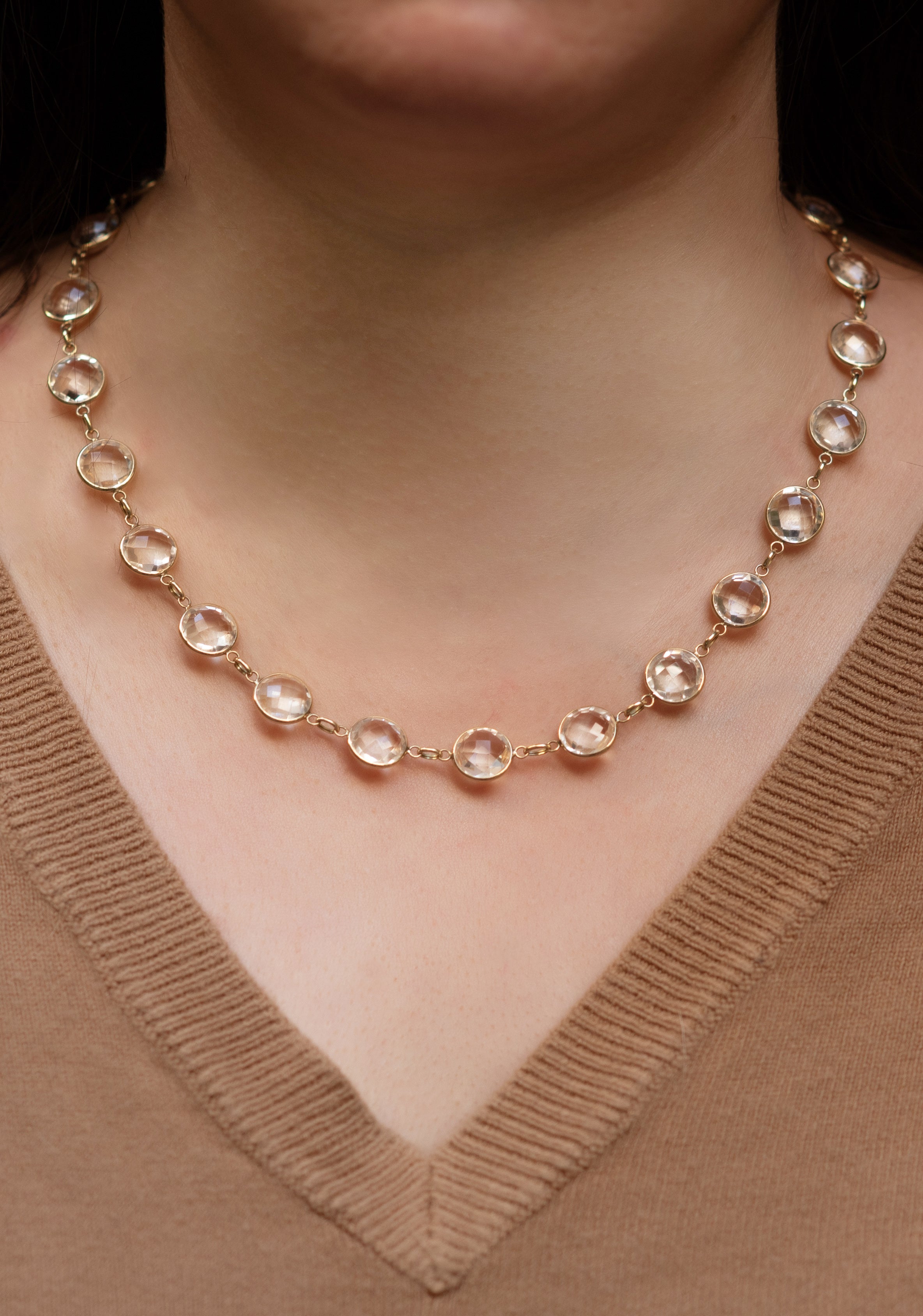 white quartz. round stones. bezel set. yellow gold. necklace. statement necklace. stacking necklace. checkerboard faceting. april birthstone. simple necklace. SF jewelry, local jeweler, luxury, fine jewelry, bay area, handmade, gift for her, birthday gift, anniversary gift