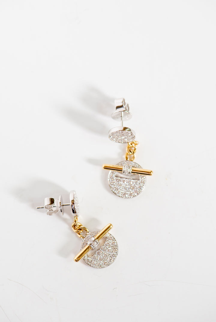 dangle earrings. white and yellow gold and diamonds. two circles. bar of gold. post backing. comfortable. Local SF jewelry, San francisco, Luxury, hand made, Bay area, gift for her.