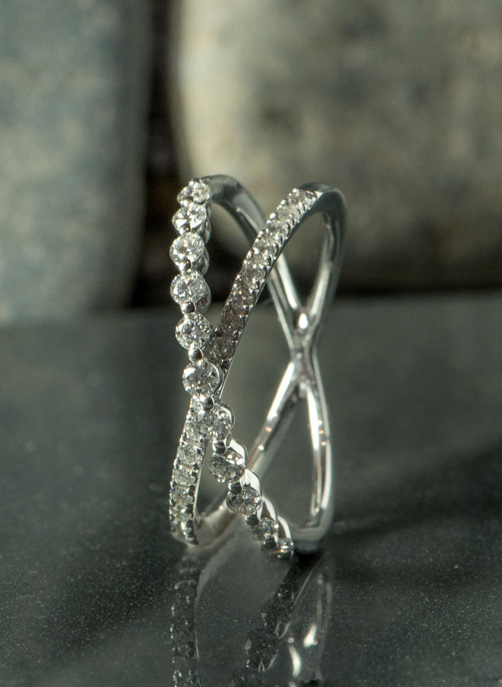 white gold and diamond ring. X ring. unique ring. fashion ring. april birthstone. round diamonds. shared prong. anniversary ring. SF jewelry, san francisco, jeweler, birthday gift, anniversary gift, gift for her, bay area jewelry, fine jewelry, luxury, hand made, artisan, local