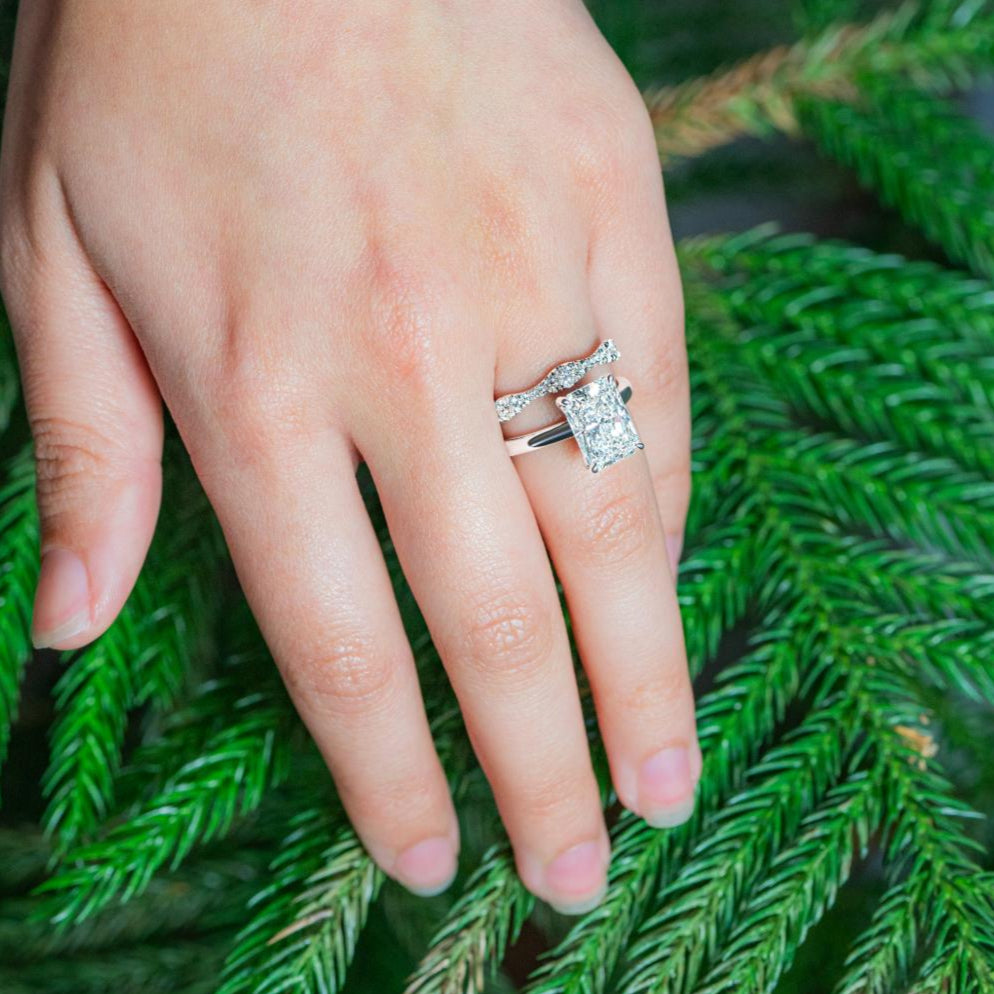 "Emmeline" Graduated Diamond Ring in 14k white stacked with engagement ring