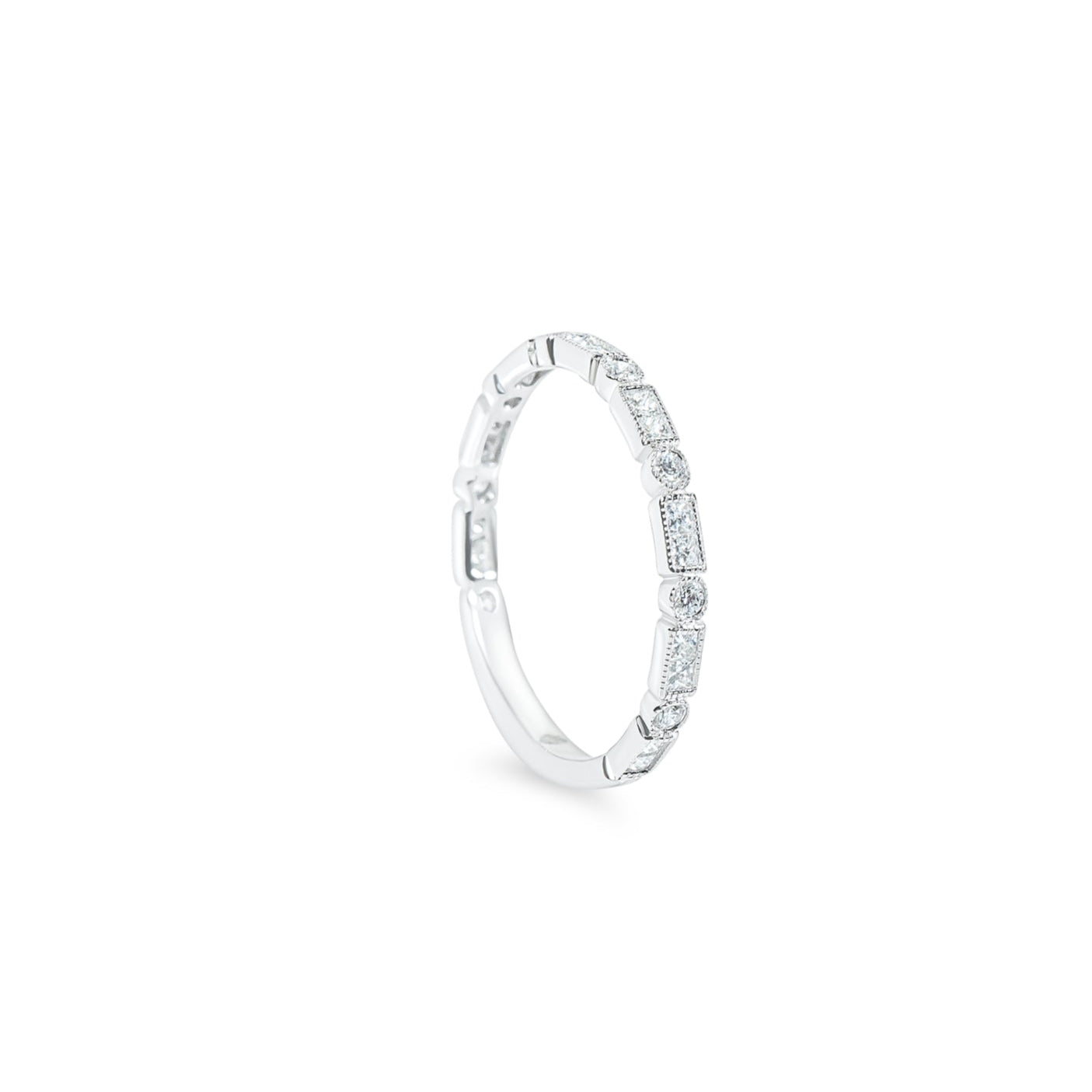 "Fay" Round and Princess cut diamond band with milgrain detail in 18k white gold 16PD-0.28CTTW & 9RD-0.12CTTW