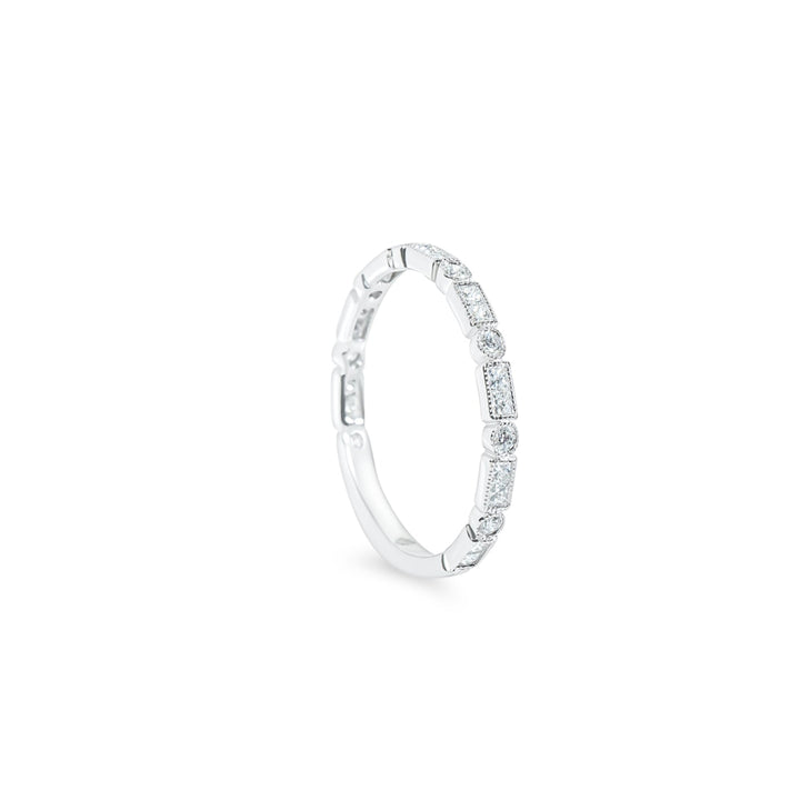 "Fay" Round and Princess cut diamond band with milgrain detail in 18k white gold 16PD-0.28CTTW & 9RD-0.12CTTW