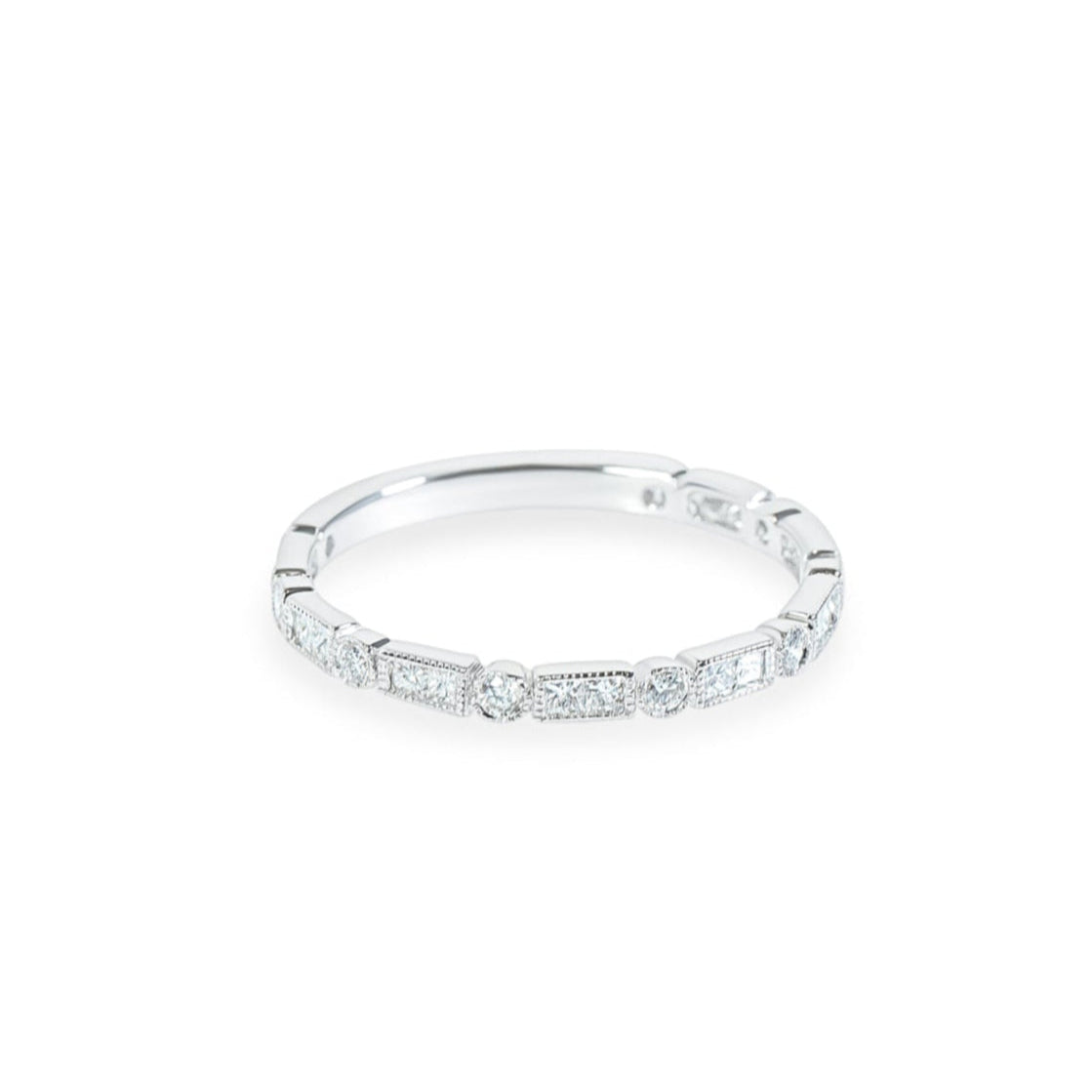 "Fay" Round and Princess cut diamond band with milgrain detail in 18k white gold 16PD-0.28CTTW & 9RD-0.12CTTW