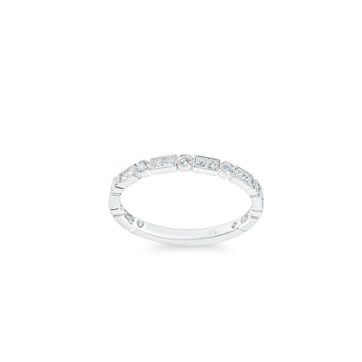 "Fay" Round and Princess cut diamond band with milgrain detail in 18k white gold 16PD-0.28CTTW & 9RD-0.12CTTW