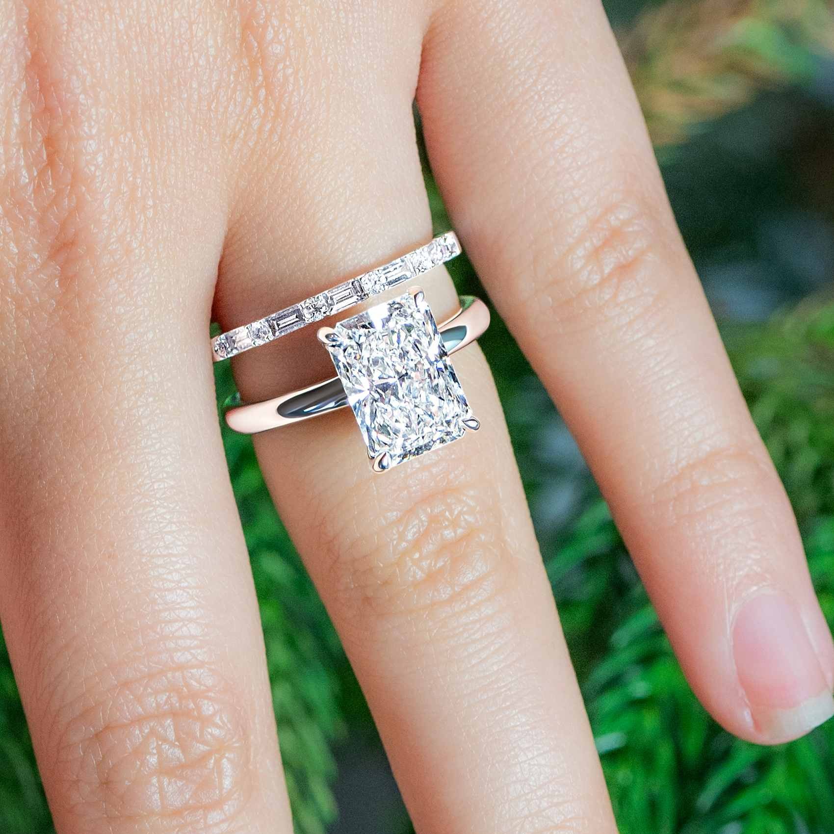 "Levi" Baguette and Round Diamond Band in 18k white stacked with engagement ring