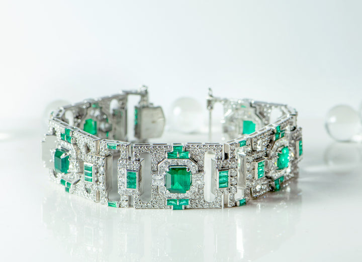 emerald, diamond, white gold, bracelet. statement bracelet. art deco bracelet. artistic jewelry. green stones. may birthstone. SF jewelry, local jeweler, luxury, fine jewelry, bay area, handmade, gift for her, birthday gift, anniversary gift