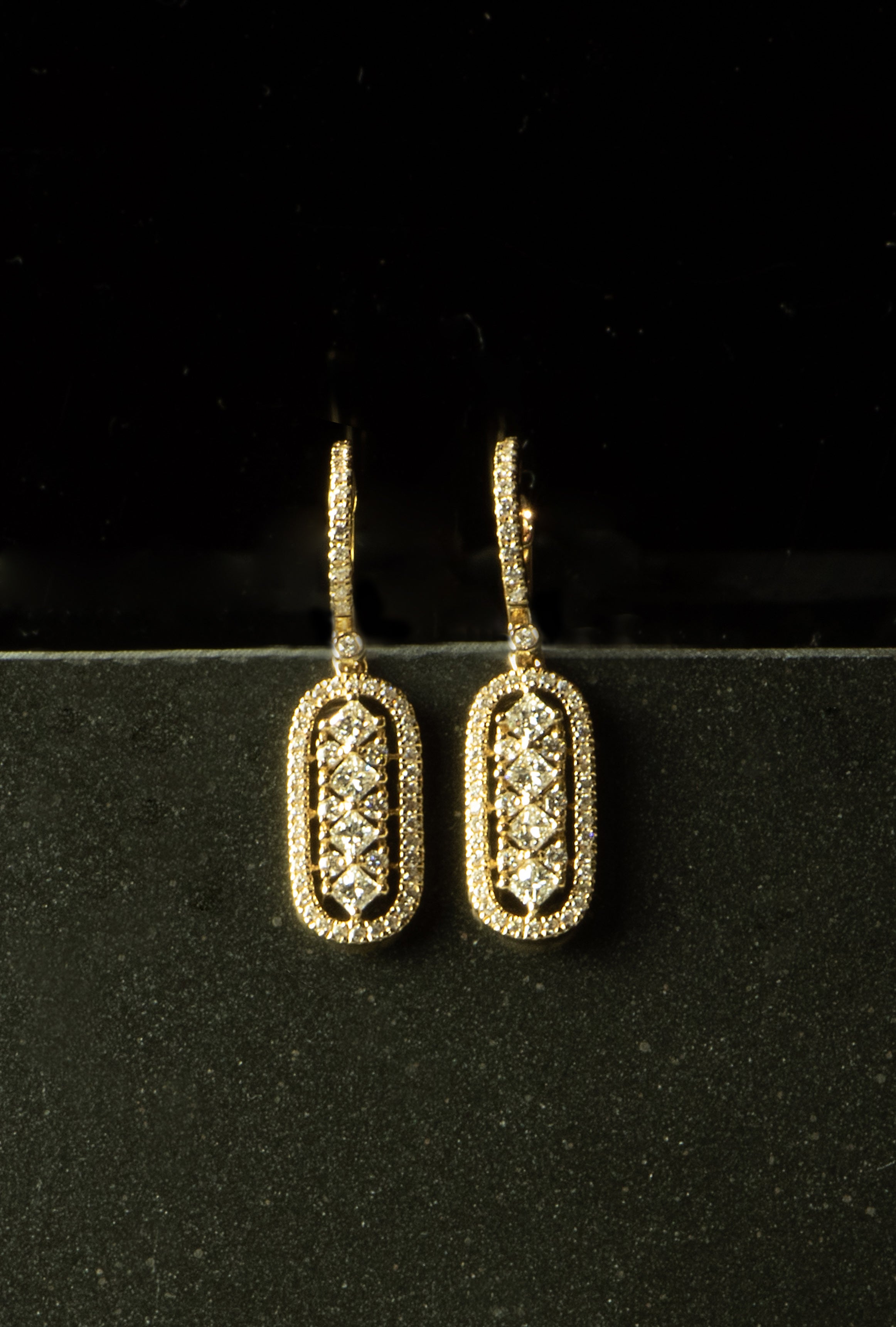 yellow gold and diamond earrings. dangle earrings. delicate earrings dainty earrings. everyday earrings. birthday gift. vintage earrings. SF jewelry, local jeweler, luxury, fine jewelry, bay area, handmade, gift for her, birthday gift, anniversary gift