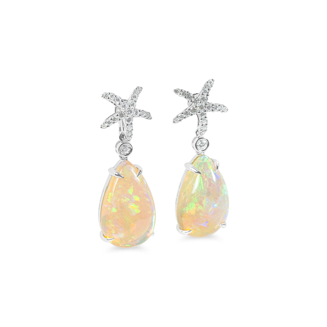 "Stella Maris" Opal & Diamond Starfish Dangle Earrings in 18k white 2OPAL-14.00CTTW & 44RD-0.74CTTW