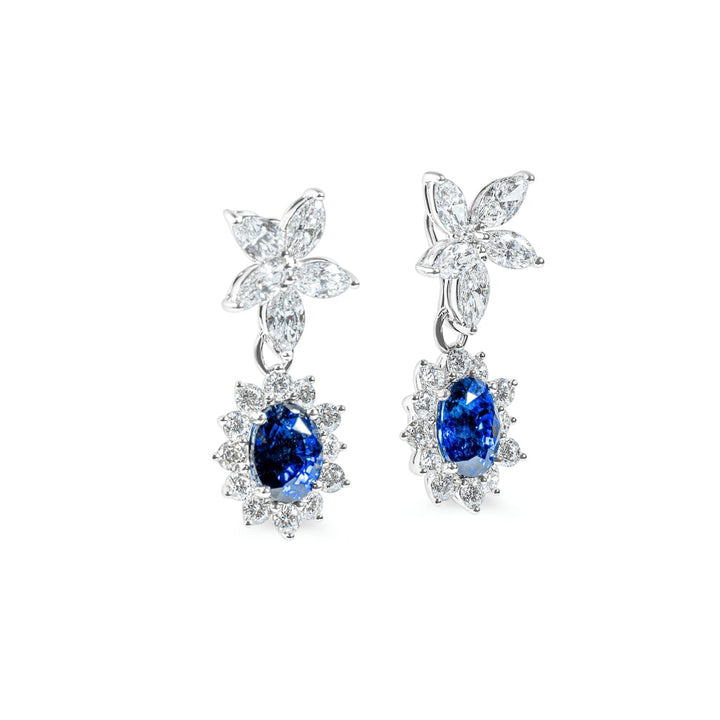 "Mariselle" marquise diamond and blue sapphire drop earrings