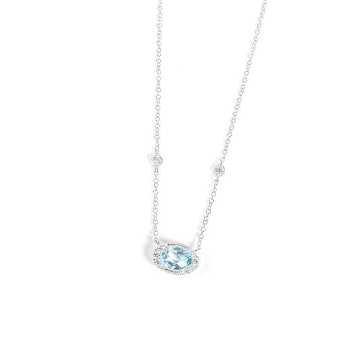 "Lirien" Oval Aquamarine & Diamond Halo Necklace in 14kw