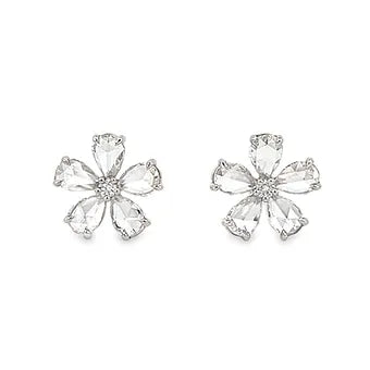 rose cut diamond flower earrings in white gold