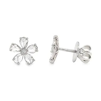 rose cut diamond flower earrings in white gold side view