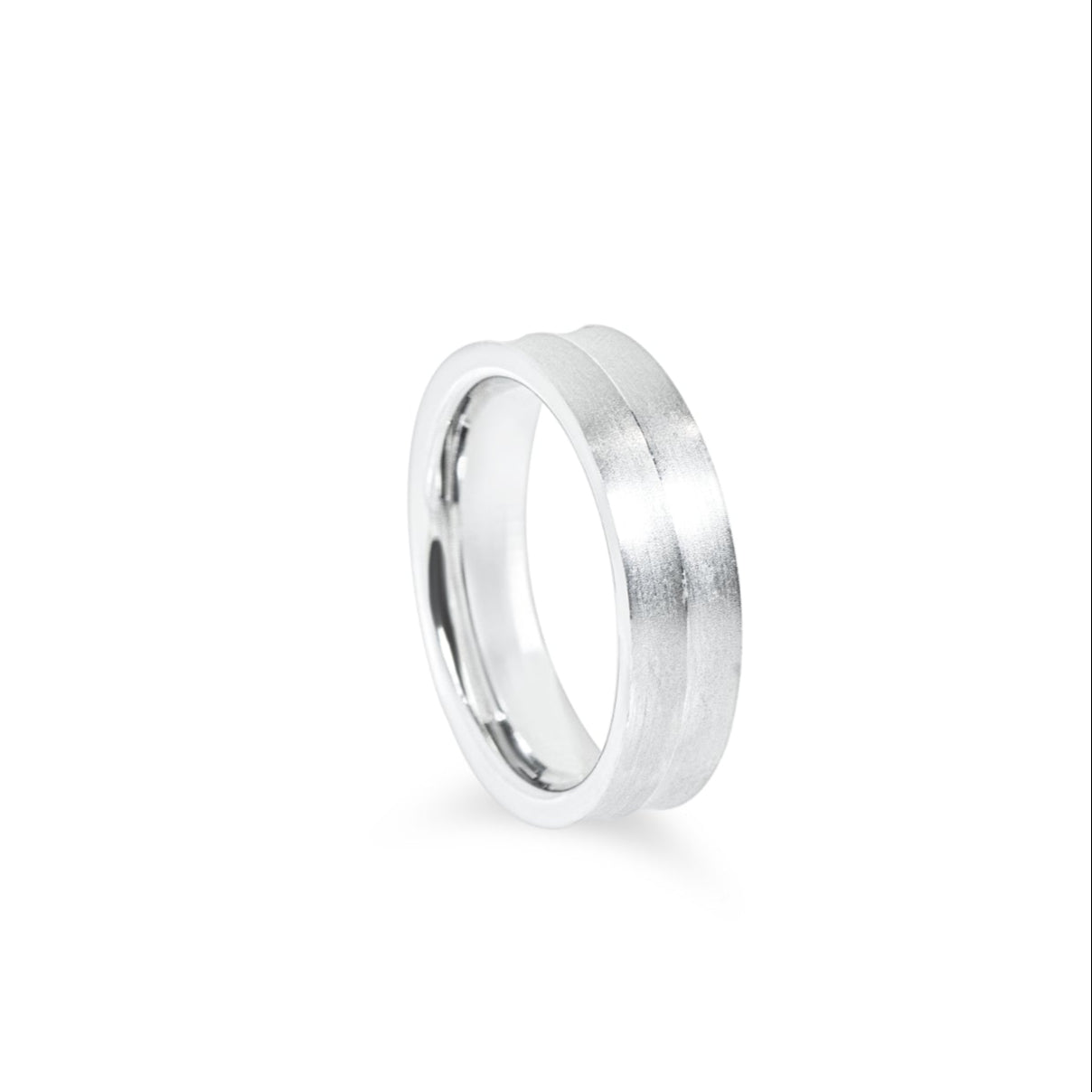 "Horizon" raised groove satin finish 6mm wide flat band in 14k white