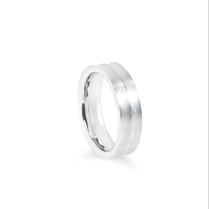 "Horizon" raised groove satin finish 6mm wide flat band in 14k white