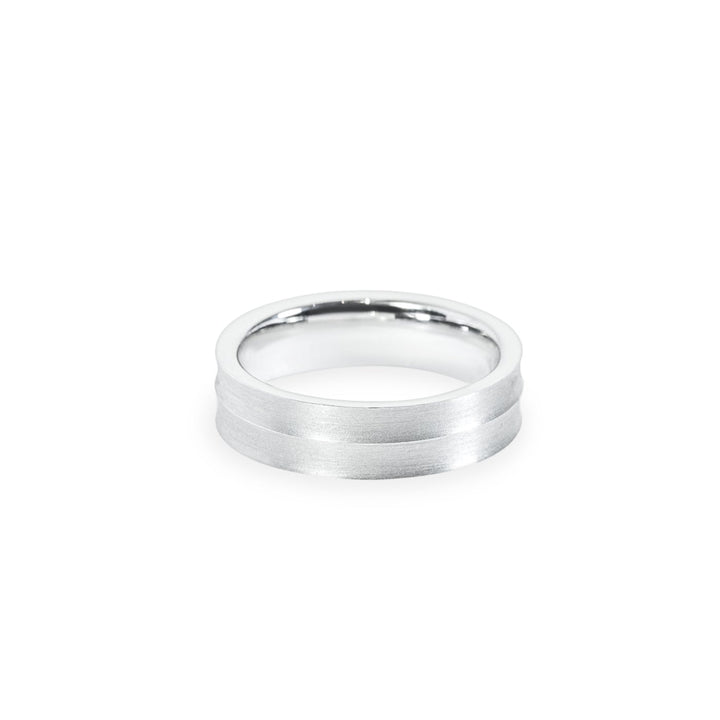 "Horizon" raised groove satin finish 6mm wide flat band in 14k white