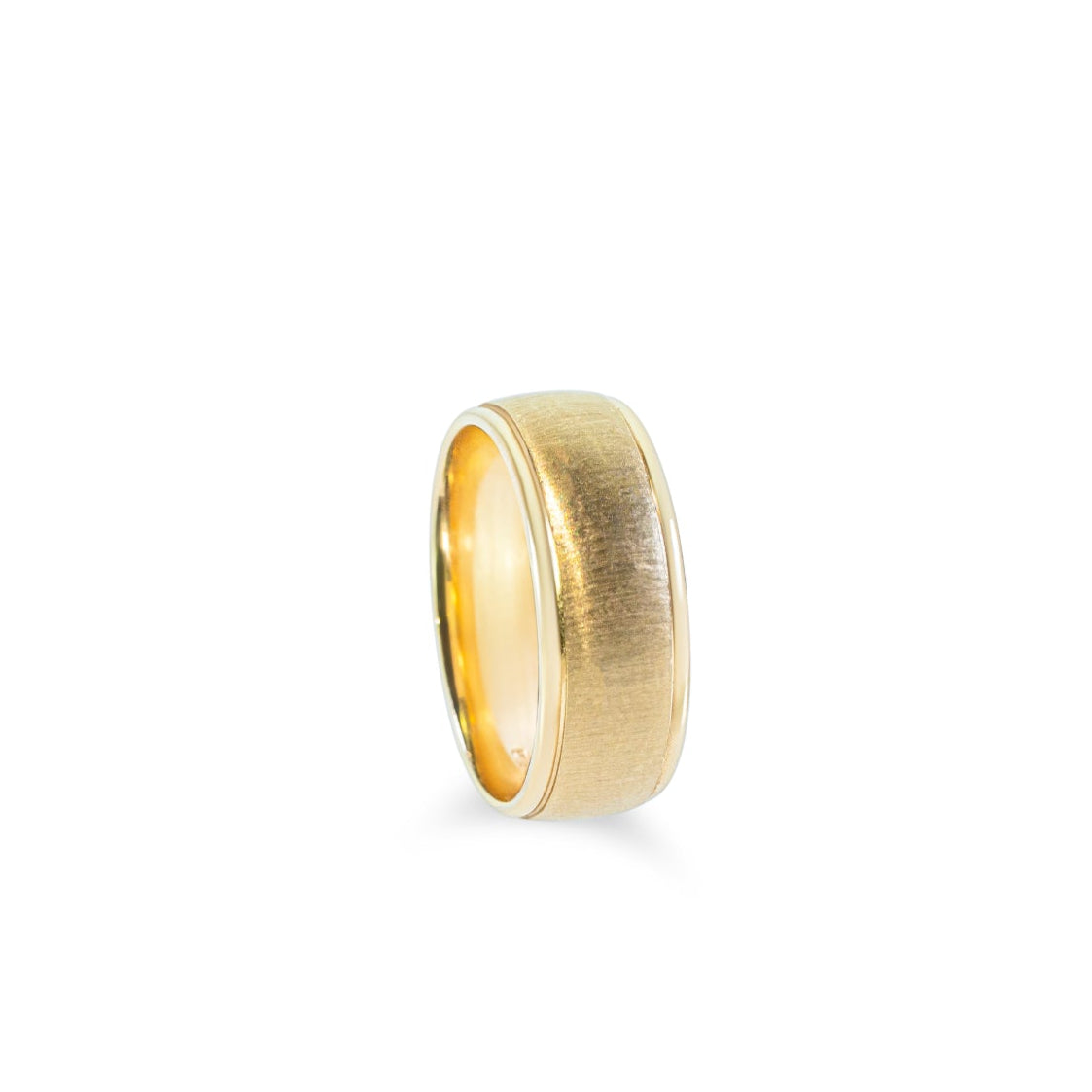 "Cat's Eye" 8.5mm domed with rounded edges band in 14k yellow, satin finish with polish edges