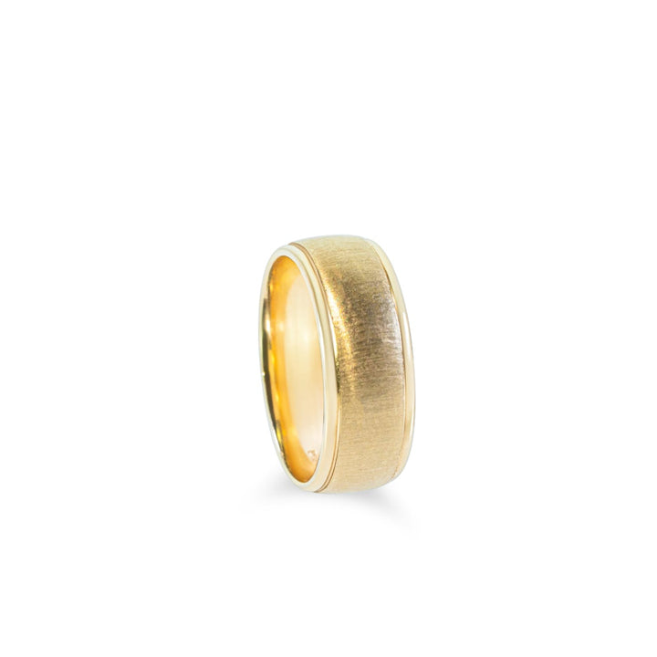 "Cat's Eye" 8.5mm domed with rounded edges band in 14k yellow, satin finish with polish edges