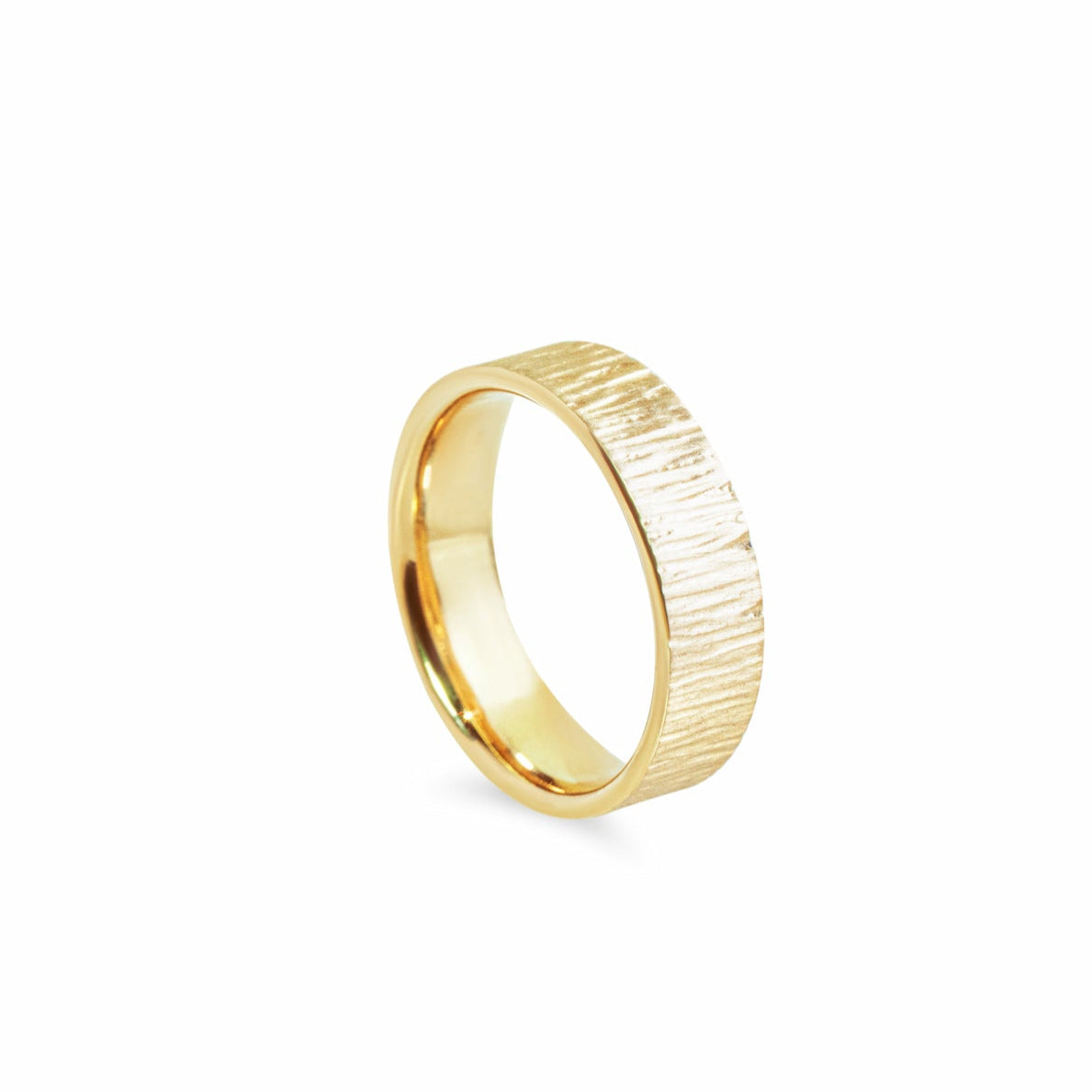 "Sequoia" Matte-Treebark Band, 5mm wide flat profile ring comfort fit in 14k yellow
