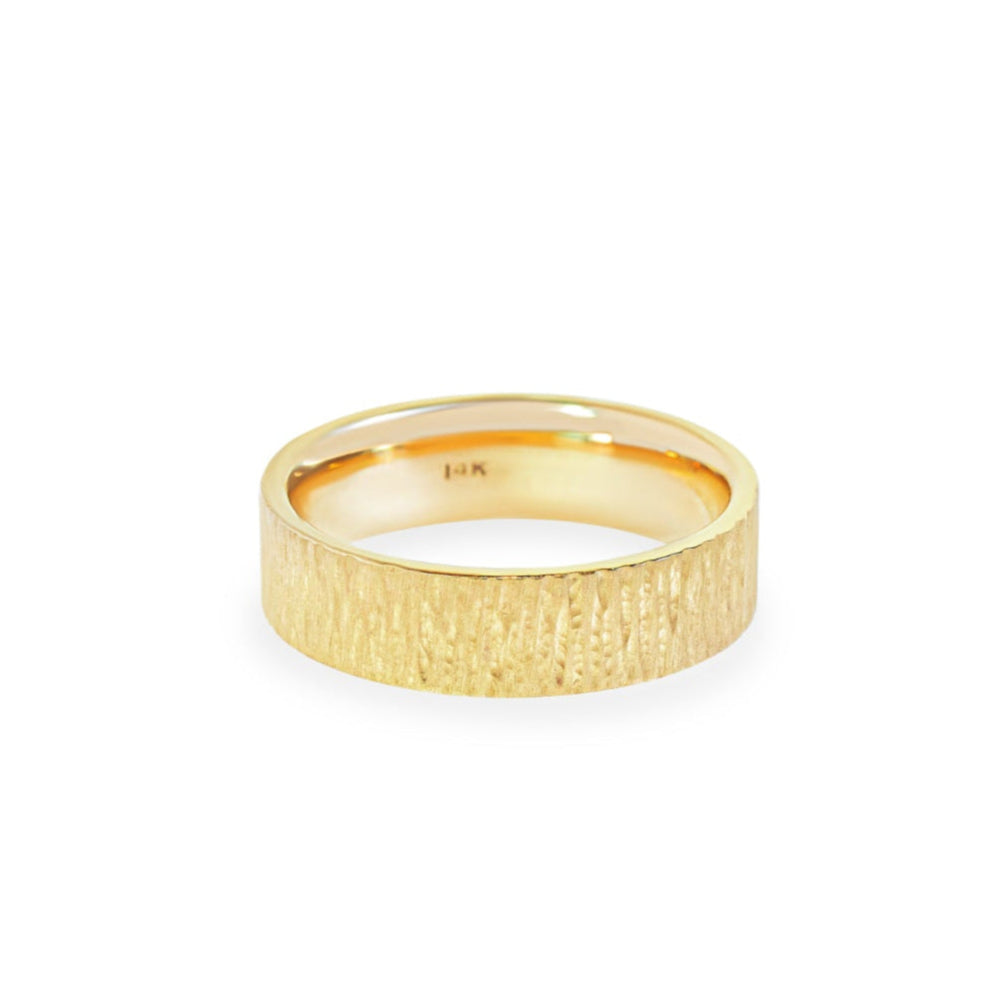 "Sequoia" Matte-Treebark Band, 5mm wide flat profile ring comfort fit in 14k yellow