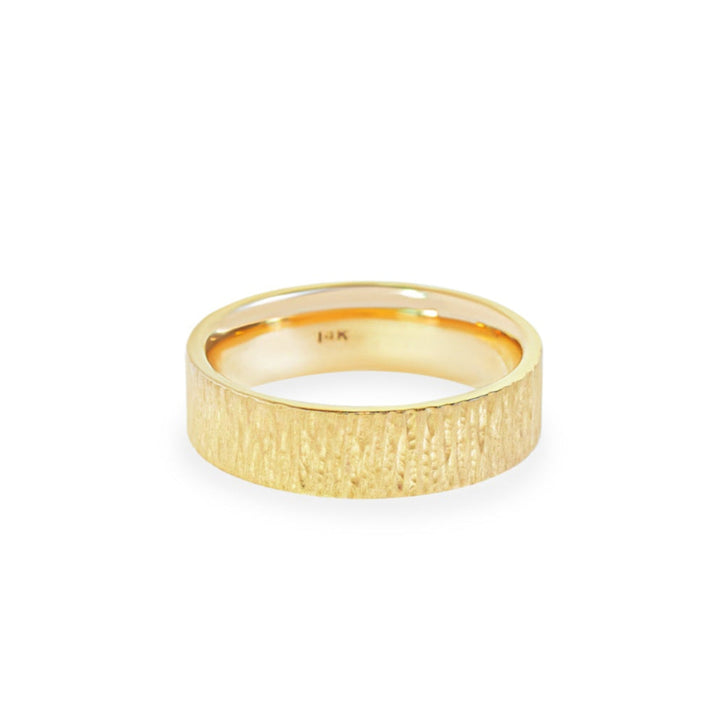 "Sequoia" Matte-Treebark Band, 5mm wide flat profile ring comfort fit in 14k yellow