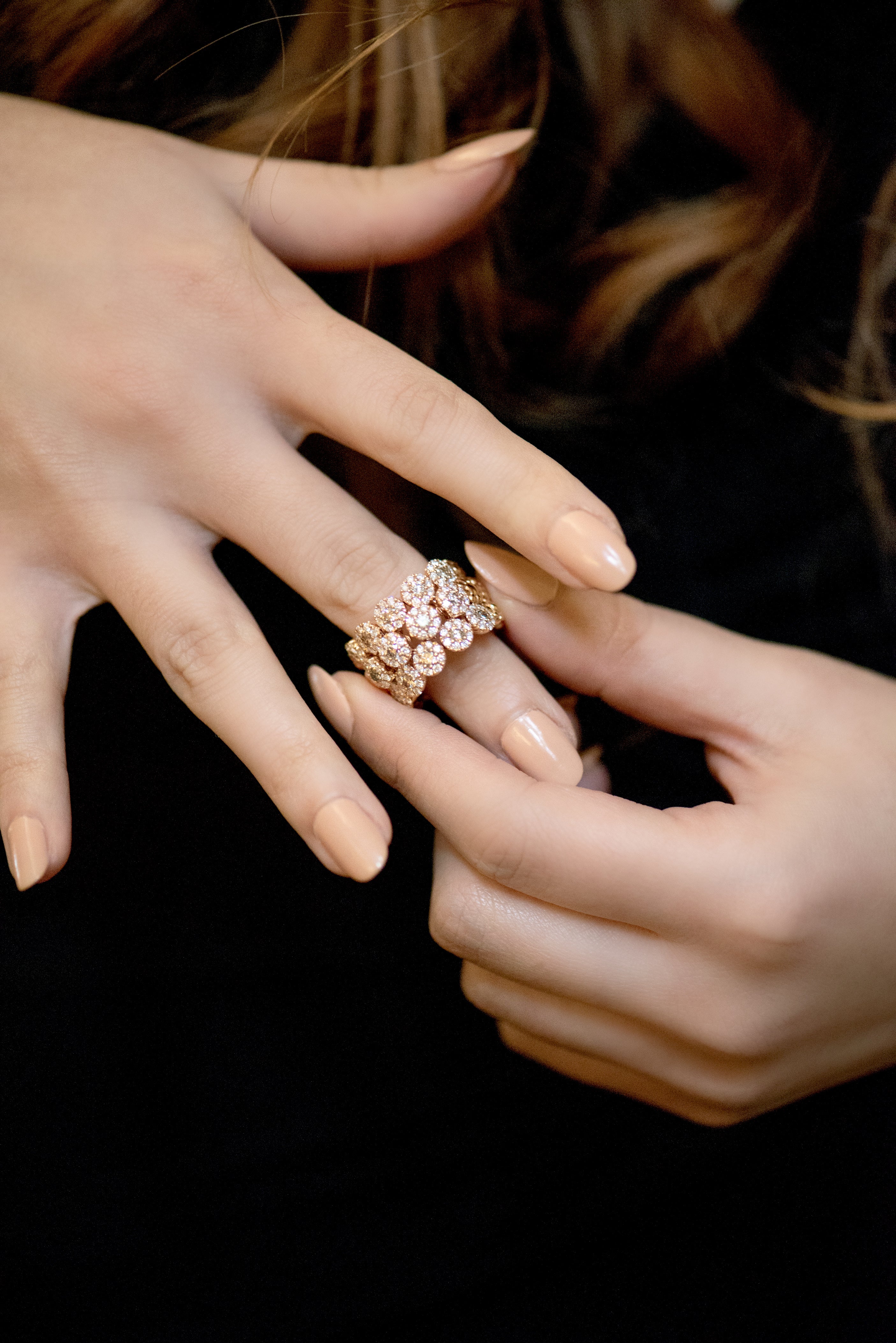 rose gold and diamond ring. flower ring. statement ring. cognac diamonds. shared prong set. Local SF jewelry, San francisco, Luxury, hand made, Bay area, gift for her, cocktail ring.