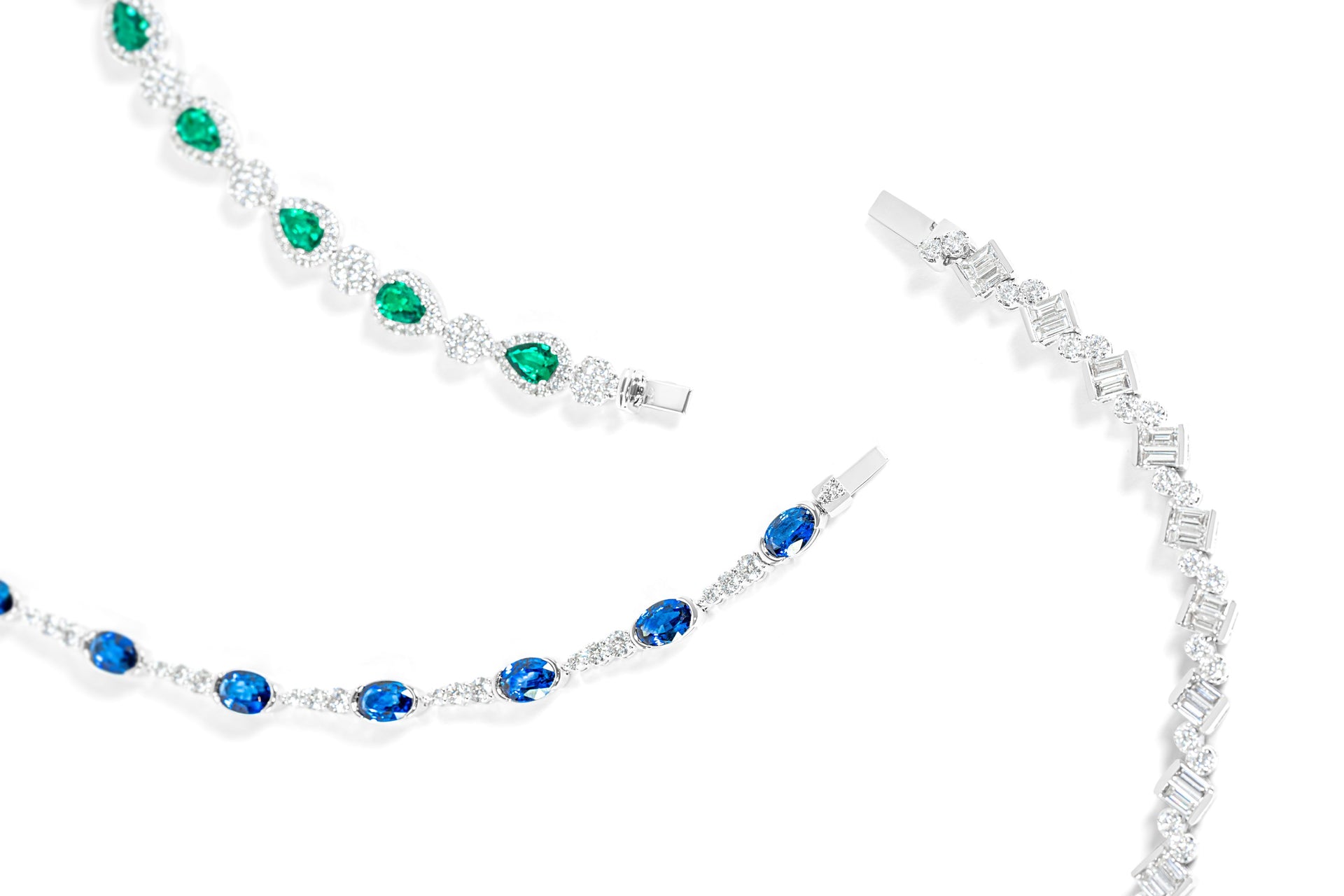 Emerald diamond bracelet + Sapphire diamond bracelet + Baguette and round diamond bracelet