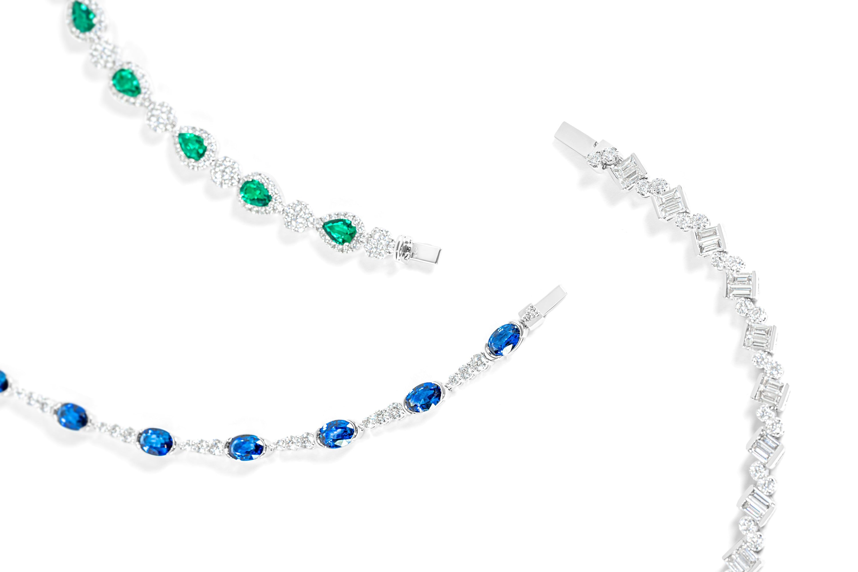 Emerald diamond bracelet + Sapphire diamond bracelet + Baguette and round diamond bracelet