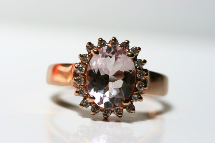 thick band, rose gold ring. morganite ring. pink gemstone. halo ring. vintage ring. classic. unique ring. round cut stone. anniversary ring. SF jewelry, san francisco, jeweler, birthday gift, anniversary gift, gift for her, bay area jewelry, fine jewelry,ring.