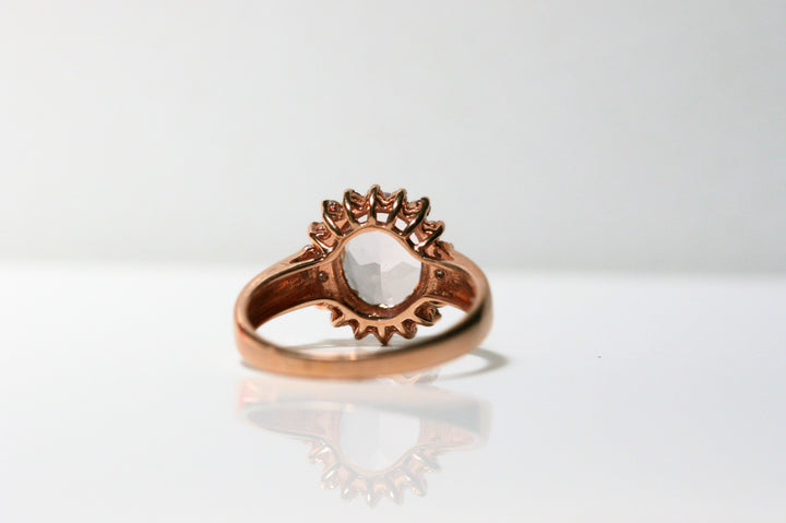 thick bandrose gold ring. morganite ring. pink gemstone. halo ring. vintage ring. classic. unique ring. round cut stone. anniversary ring. SF jewelry, san francisco, jeweler, birthday gift, anniversary gift, gift for her, bay area jewelry, fine jewelry, ring.