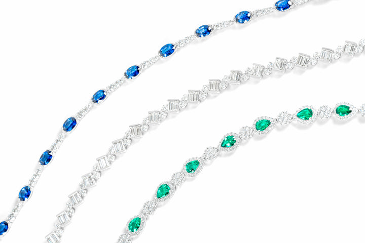 blue sapphire diamond bracelet, baguette and round diamond bracelet, emerald and diamond bracelet