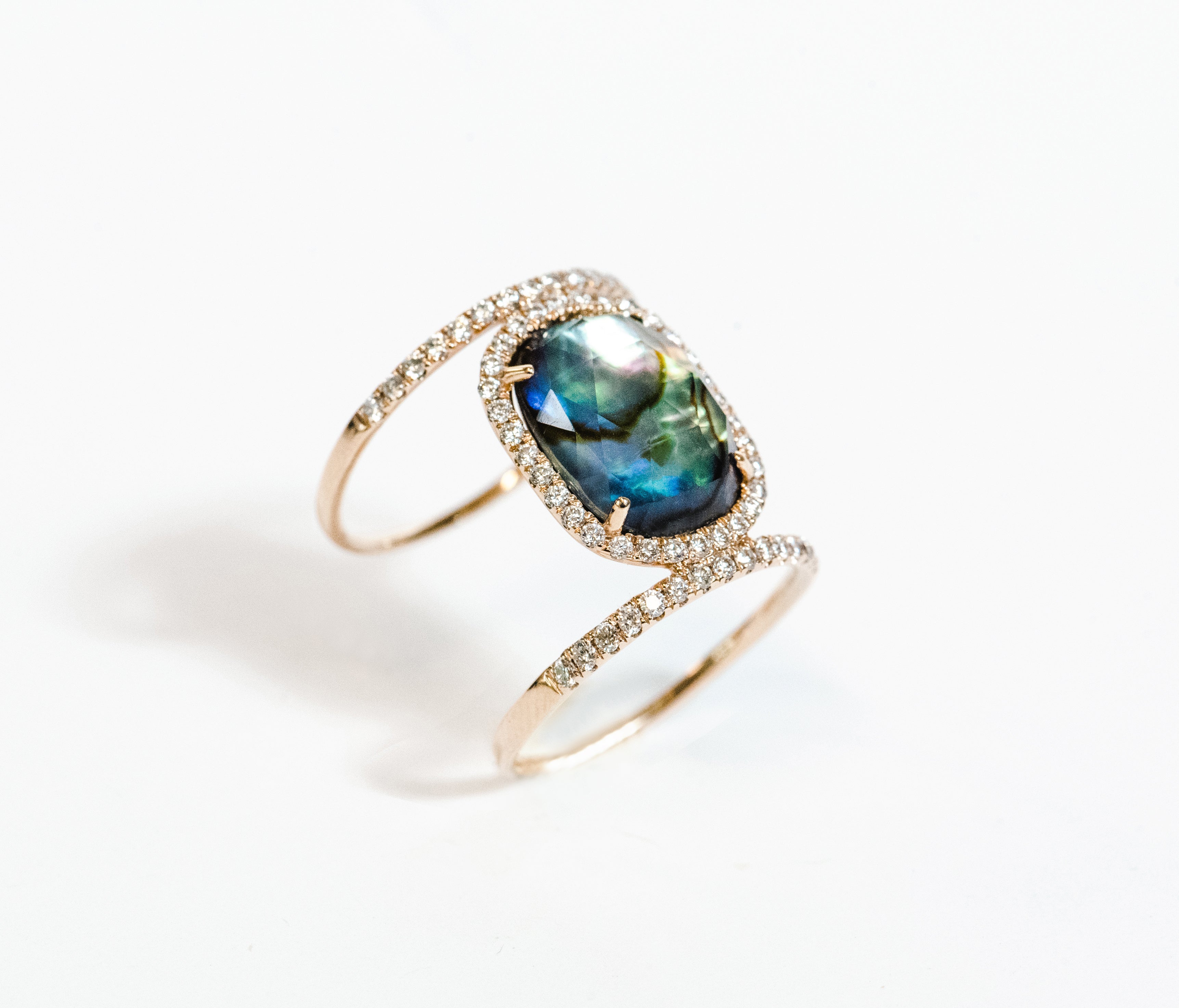 rose gold and diamond ring. abalone. white quartz. oval cut stone. fashion ring. stacking ring. statement ring. unique ring. SF jewelry, san francisco, jeweler, birthday gift, anniversary gift, gift for her, bay area jewelry, fine jewelry, luxury, hand made, artisan, localrose gold and diamond ring. abalone. white quartz. oval cut stone. fashion ring. stacking ring. statement ring. unique ring. SF jewelry, san francisco, jeweler, birthday gift, anniversary gift, gift for her, bay area jewelry, fine jewelry,