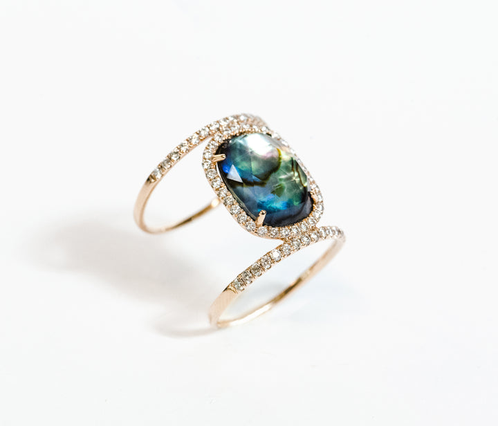 rose gold and diamond ring. abalone. white quartz. oval cut stone. fashion ring. stacking ring. statement ring. unique ring. SF jewelry, san francisco, jeweler, birthday gift, anniversary gift, gift for her, bay area jewelry, fine jewelry, luxury, hand made, artisan, localrose gold and diamond ring. abalone. white quartz. oval cut stone. fashion ring. stacking ring. statement ring. unique ring. SF jewelry, san francisco, jeweler, birthday gift, anniversary gift, gift for her, bay area jewelry, fine jewelry,