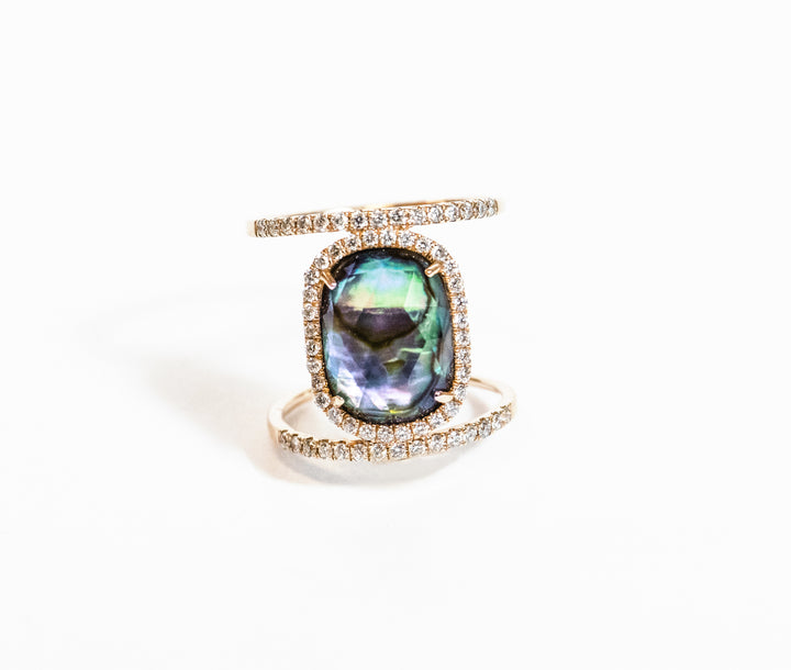 rose gold and diamond ring. abalone. white quartz. oval cut stone. fashion ring. stacking ring. statement ring. unique ring. SF jewelry, san francisco, jeweler, birthday gift, anniversary gift, gift for her, bay area jewelry, fine jewelry, luxury, hand made, artisan, local