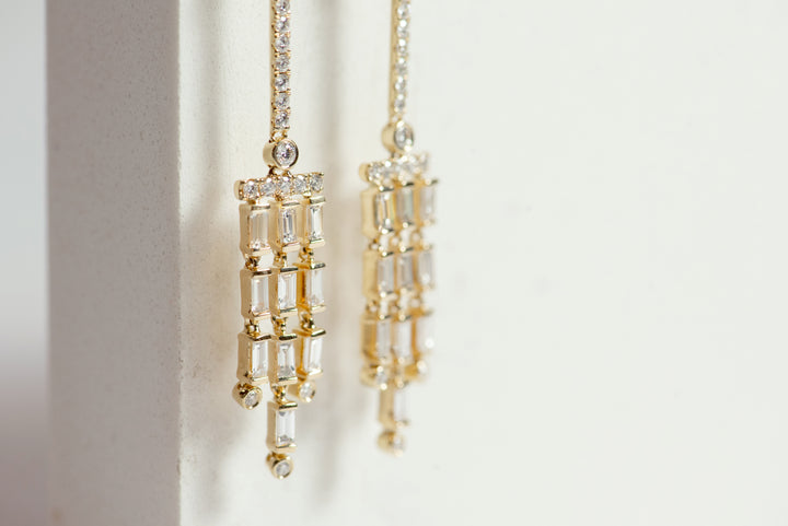 yellow gold and diamond dangle earrings. chandelier earrings. baguette diamonds. round diamonds. fine jewelry luxury. Local SF jewelry, San francisco, Luxury, hand made, Bay area, gift for her.
